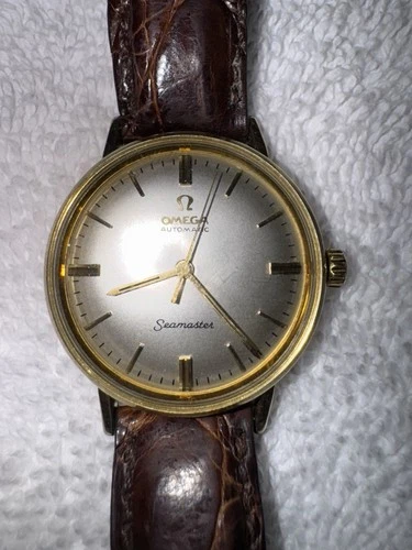 OMEGA Seamaster automatic 14K gold-filled watch vintage round white alligator nr