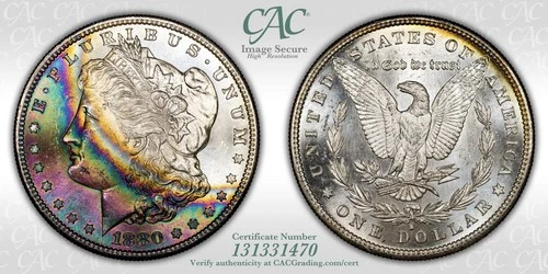 1880-S Morgan Silver Dollar 1$ Toned Crescent Monster Terminal CACG MS65
