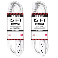 2 Pack 15 Ft Extension Cords with 3 Electrical Power Outlets Durable White Cable