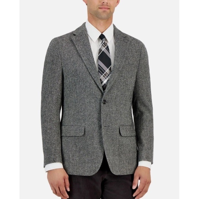Tommy Hilfiger Herringbone Sport Coat Blazer Gray  100% Wool Suit Jacket 44L