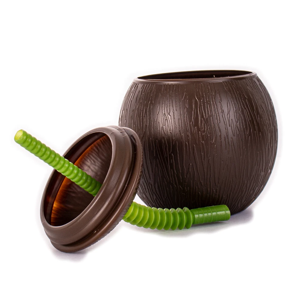 2 Pack Luau Coconut Shape Resuable 18 oz. Party Cups w Straw, Brown - Image 3 of 4
