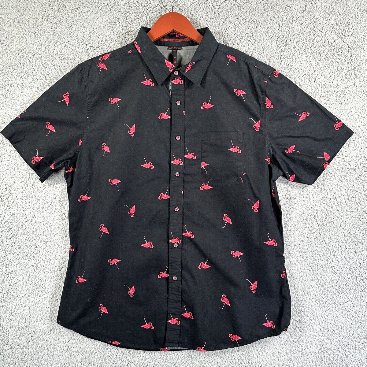 pink flamingo dress shirt Pink Flamingo Long Sleeve Men Button Up Shirt, Tropical Guys Male Print Buttoned Down Collared Graphic Casual Dress Plus Size Shirt