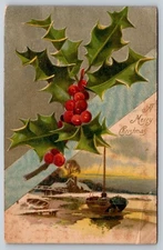 Postcard Christmas Holly Rowboat 30Q