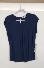 Daniel Rainn Top Womens L Brinn Scoop Neck Pleat Blouse Navy Blue Casual Work