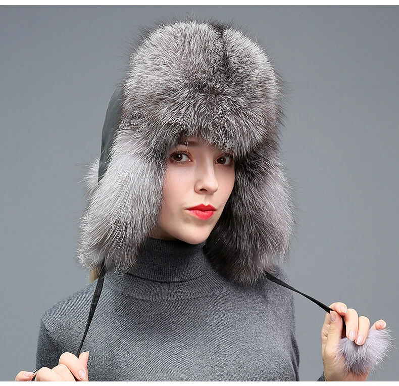 Sombrero de piel de zorro real para mujer Sombreros Ushanka rusos Sombrero de trampero Cálido Esquí Sombrero de aviador Foto 3 de 4