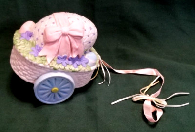 Easter Egg Cart Carriage White Painted Porcelain w Ribbon Tie VTG Centerpiece