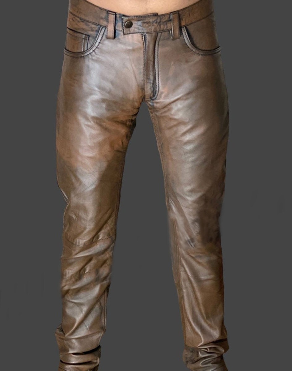 Mens Leather Pant Vintage Leather Trouser Distressed Brown