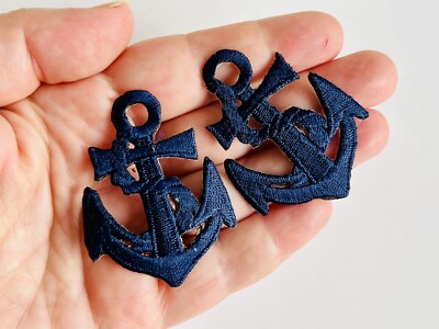 2 Stück Vintage Bügelbild bestickt Anker Patches Motive Maritim Borten 55mm marine