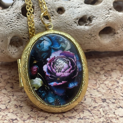 Gold Photo Locket Wedding Keepsake Ash Urn Locket Purple Flower Teal Necklace - Picture 3 of 11