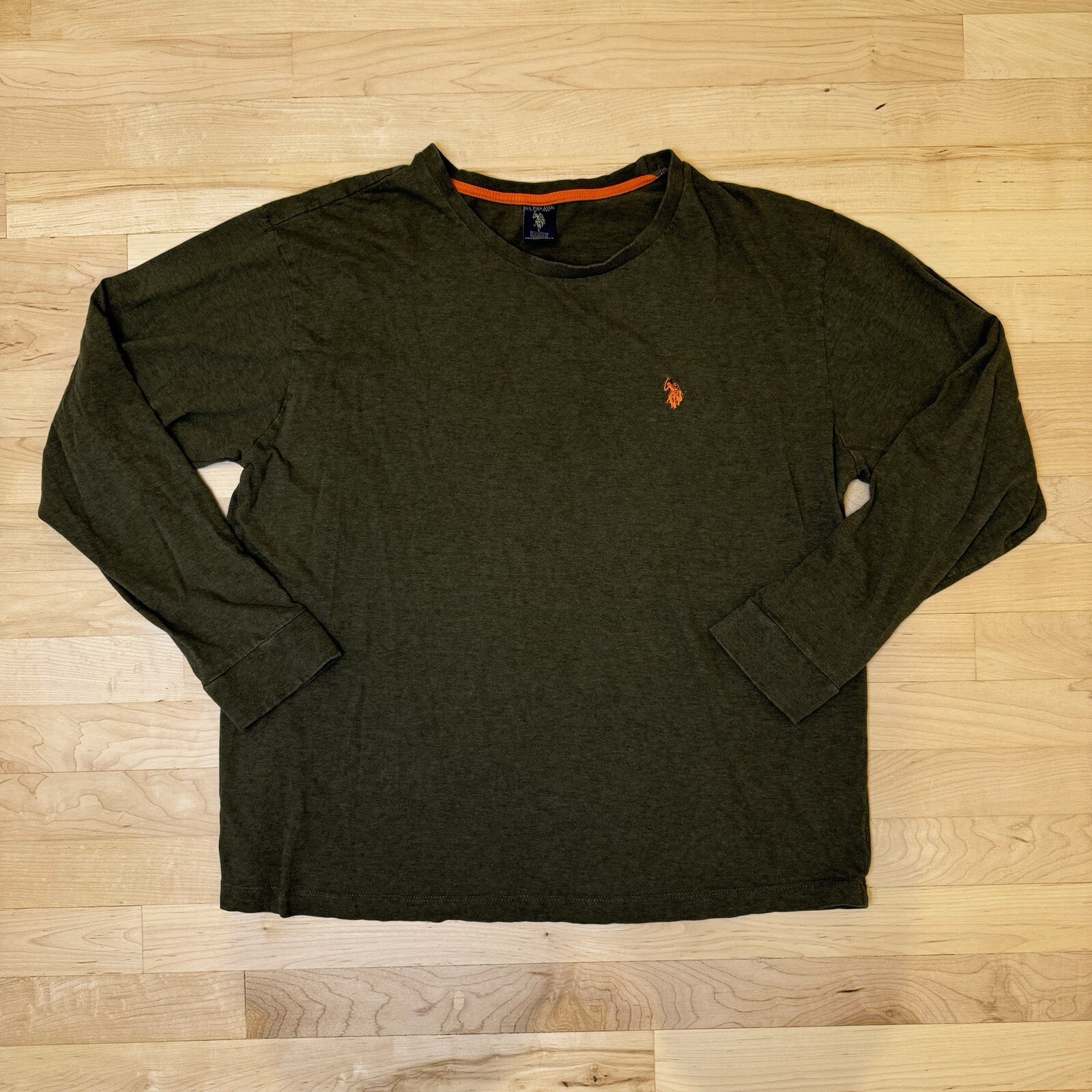 US POLO ASSN camicia adulto grande manica lunga verde morbido misto viscosa arancione pony