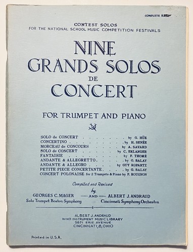 Nine Grands Solos De Concert For Trumpet and Piano Albert J Arnaud 1945