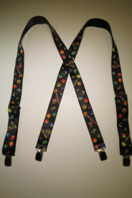 Men's Suspenders - X Billiard Pool Balls Black, Clips, Button On, USA Made