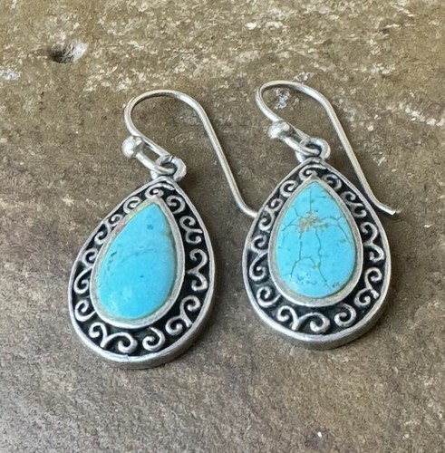 Barse Sterling Silver 925 Scroll Border Teardrop Turquoise Dangle Earrings #5 - Picture 6 of 7
