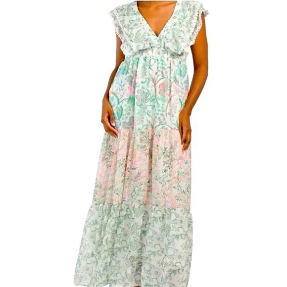 house of harlow green floral dress New Woman's Medium 1960 Cottagecore Lace Maxi F26PRIVATESALEEXCL