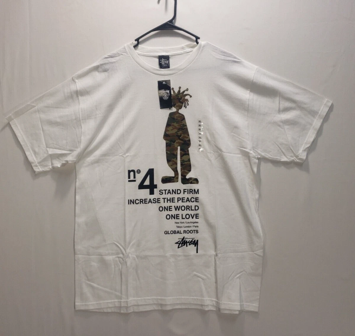 Stussy T Shirt Mens XL Raggamon Camo Tee Peace No 4 Streetwear Skate WHITE