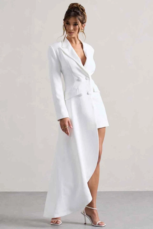 Women White Double Breasted Suit Ruffled Edge with Tail Asymmetrical Design - Image 1 of 4