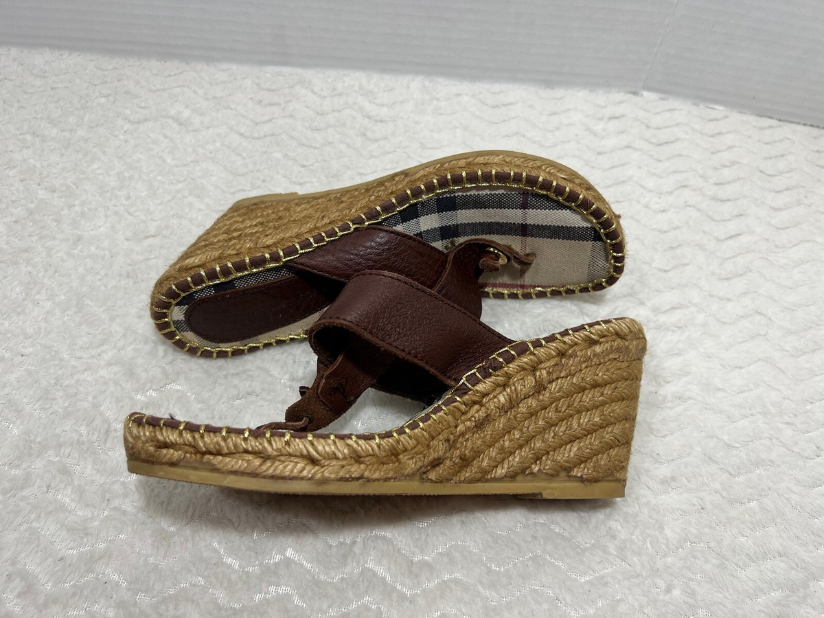 Burberry Nova Check Brown Leather Espadrille Wedge Slides  display picture 1