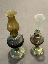 2 Vintage Glass Mini Oil Lamps Hurricane Amber Tank Made in Hong Kong
