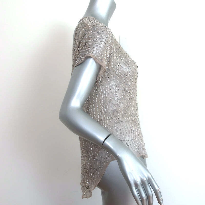 Blusa Parker de Gasa con Lentejuelas Taupe Seda Talla Pequeña Manga Corta Foto 4 de 4