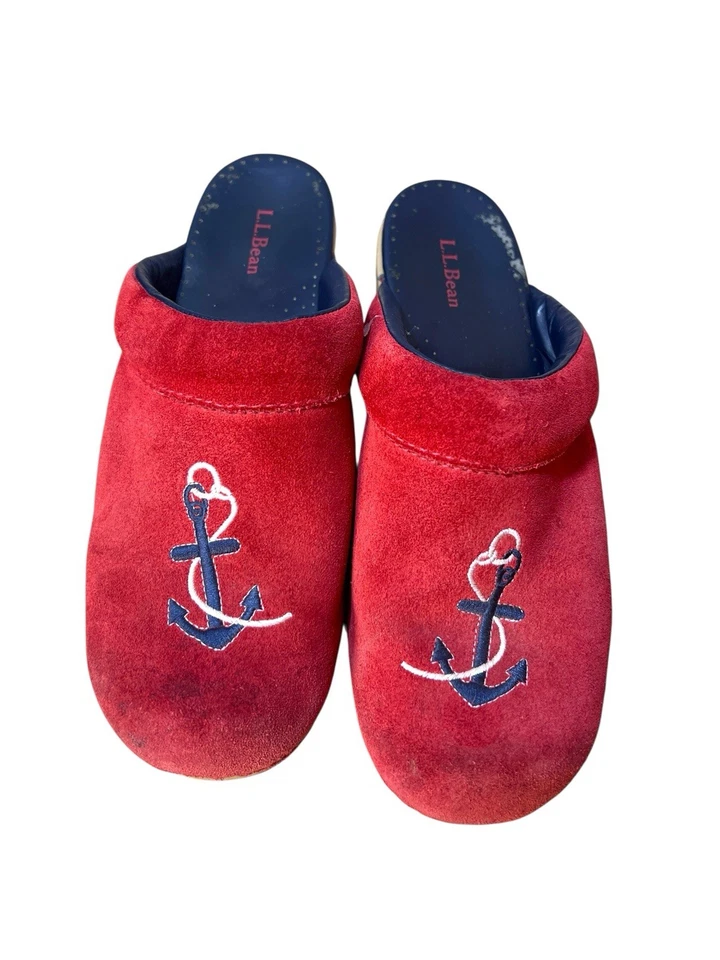 L L Bean Women’s Embroidered Anchor Red Suede Slides Clogs Mules Size 9 M Wood - Image 2 of 4