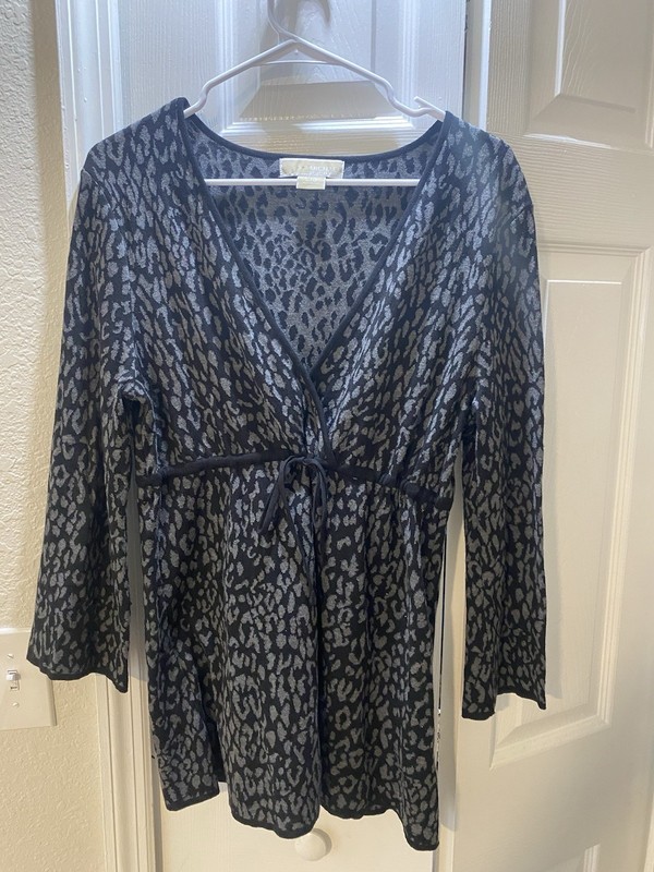 Michael Michael Kors Leopard Print V-Neck Tie Tunic Blouse Long Sleeve L