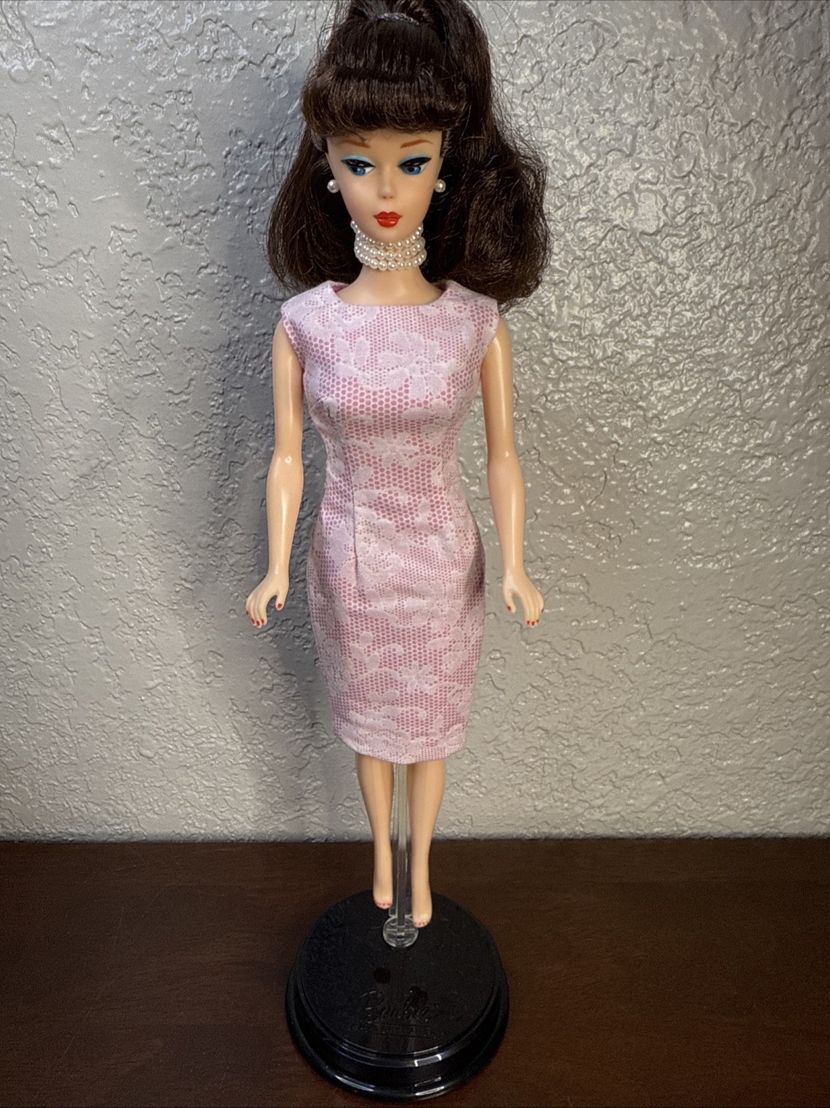 Made For Fashion Dolls And Barbie Pink Dress With Lace Pattern Vintage Style