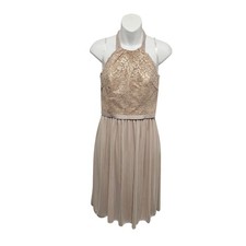 Davids Bridal Short Lace Mesh Dress Halter Neckline Gold Metallic Taupe Size 6