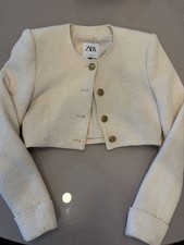 ZARA Textured Cropped Blazer Jacket Cream Ivory Gold Button Size S