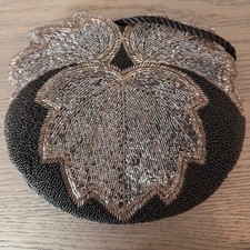VTG Beaded Leaf Evening Bag Black Silver Crossbody Purse Art Deco Wedding 20s 40