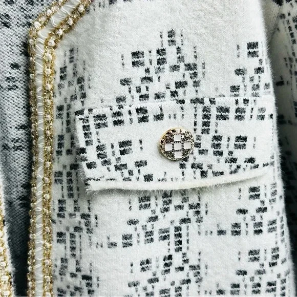 NORTHERN ANGEL COATIGAN MAGLIA APERTA DAVANTI STILE CHANEL BIANCO NERO NUOVO TG L