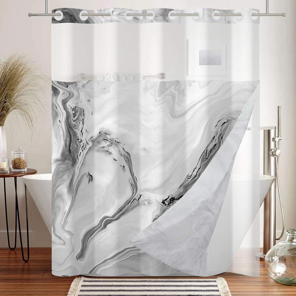 Cortina de ducha de mármol gris sin gancho con forro a presión, lujo moderno 71x74 Foto 3 de 4