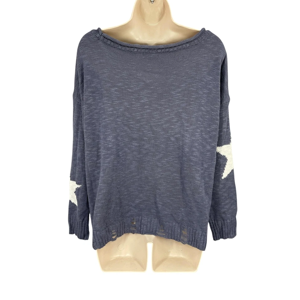 Maurices Sweater Women Celestial Boho Star Distressed Hem Knit Size 1X Blue Cozy - Image 2 of 4