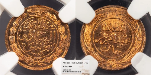 TUNISIA Tunis Abdul Aziz & Muhammad al-Sadiq Bey AH 1281 (1864) 1/4 Kharub NGC M