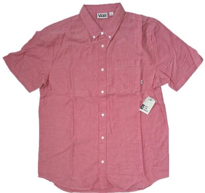 VANS Cotton Red Salmon Fashion Button Up Short Sleeve Shirt Size L