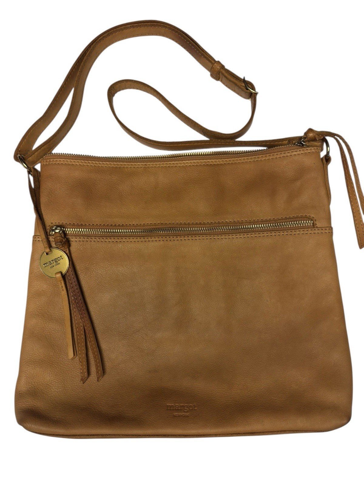 Margot NY Cognac Leather Small Crossbody Bag Adjustable Strap Minimalist