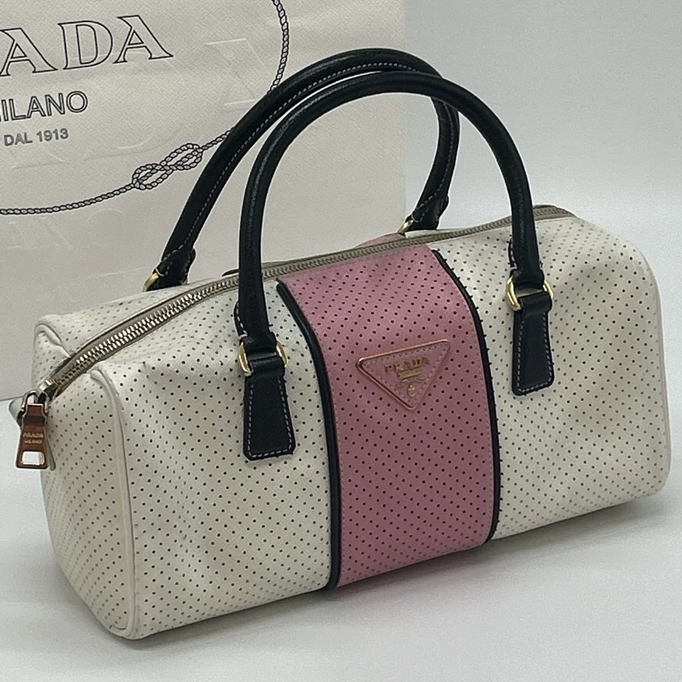 PRADA Mini Boston Punching Bowling Bag Tote Handbag Cream White Pink Leather - Image 2 of 4