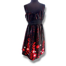 Black Red Floral Satin Dress Sz 13 Fit and Flare Babydoll Fairy Slip Y2K Prom C4