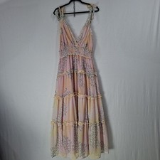 NEW Tie Strap Maxi Dress Large Pink Floral Ruffle Tiered Dainty Cottageore