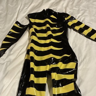 Black & Yellow Striped Latex Full Zip Catsuit Bodysuit Costume
