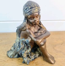 Heavy Bronze Girl Sitting Art Deco /  Nouveau Style Damsel Sculpture Statue