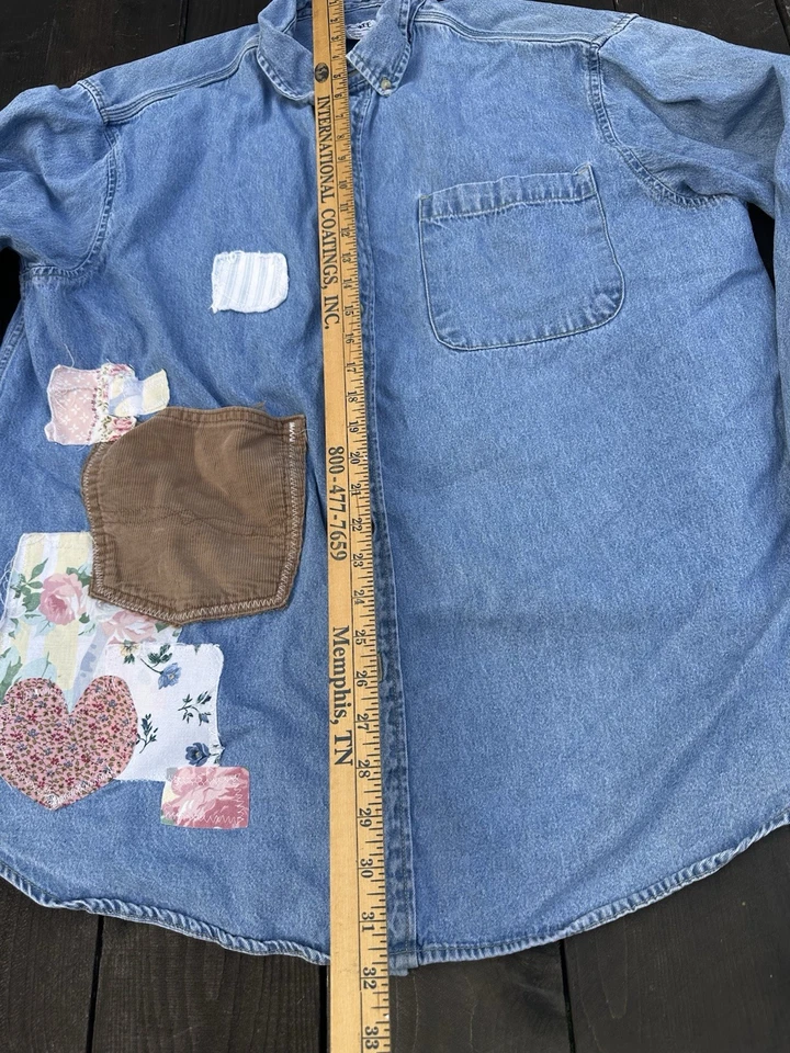 Camisa Denim Reciclada XL Mujer Cottagecore Magnolia Bolsillo Oso de Peluche Acolchado Foto 4 de 4