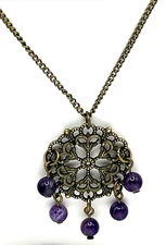 FEBRUARY BIRTHSTONE Genuine Amethyst Filigree Floral Medallion Necklace 30"(+2")