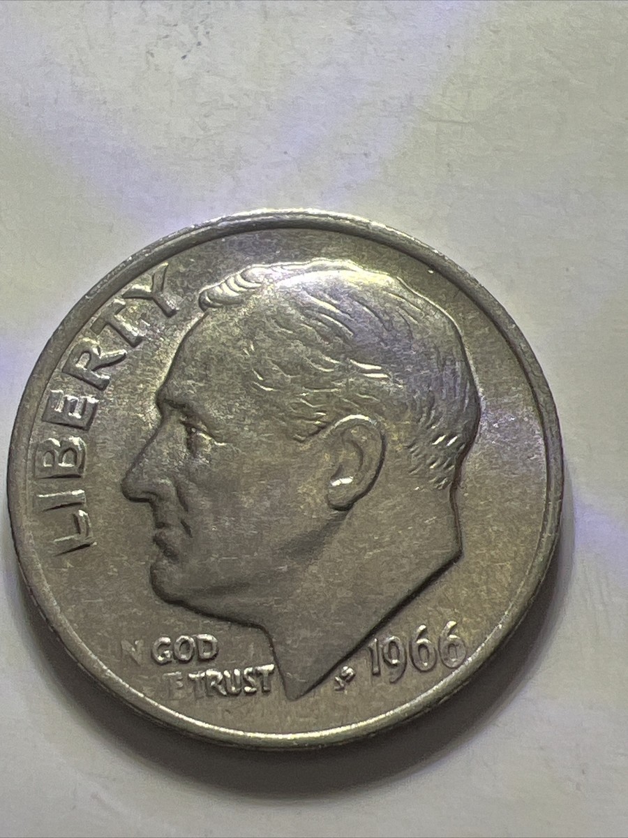 1966 Roosevelt dime no mint mark, Distorted Lettering/errors Thru 