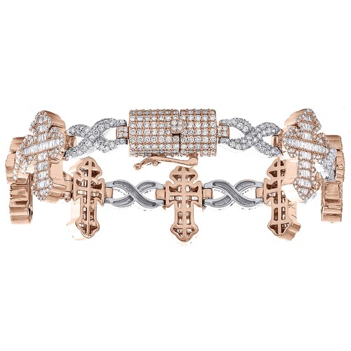 10K Two Tone Gold Baguette Diamond Cross & Infinity Tennis Bracelet 8" 7.26 CT - Picture 2 of 8