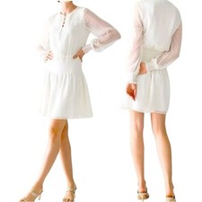 White House Black Market Smocked Blouson Dress Ivory M Sheer Romantic Feminine