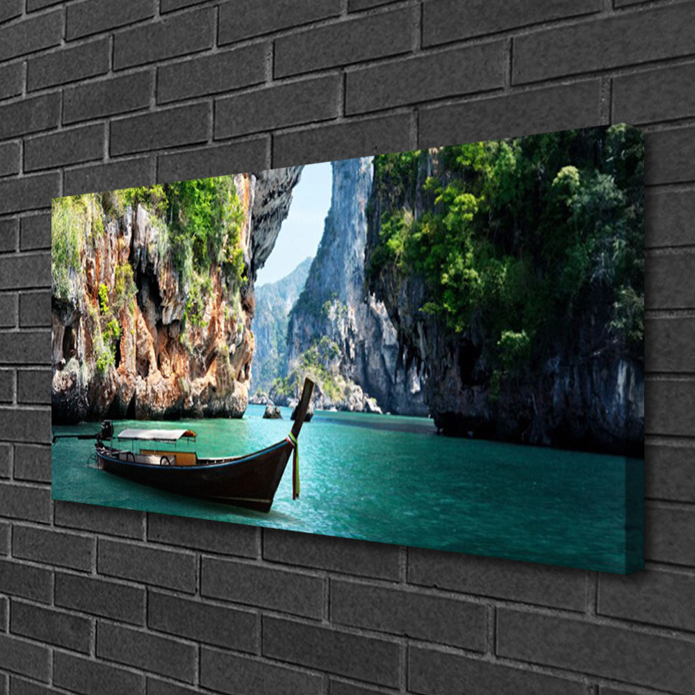 Photo sur toile paysage lac et bateau tableau moderne décoration murale 100x50