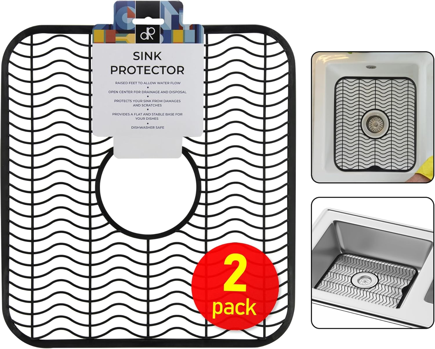 Decorrack 2 Black Sink Protectors for Kitchen, 12" X 11" Dish Rack, Protect Sink