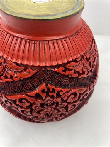 Unique Vintage CINNABAR Ginger Jar w/ Lid Brass Yun Kang-Art Design - Picture 13 of 16