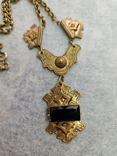 Antique Necklace Brass Gold Gilt Black Accent Stone Spring Ring Clasp 7.5" Drop - Picture 8 of 24