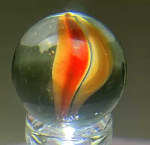 Vtg .63” Split Core Orange & Red Vane Green Tint Glass Cats Eye Marble Peltier?